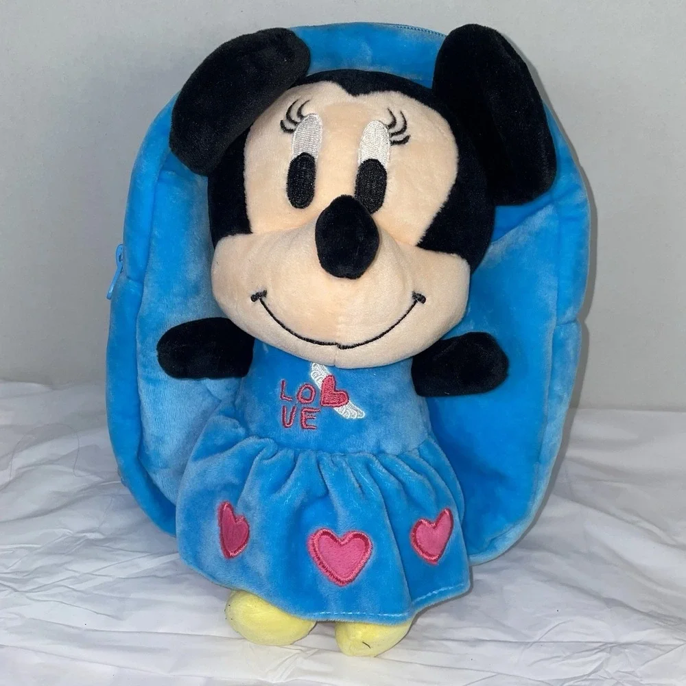 Disney Minnie Mouse Plush Backpack Blue Hearts Love Toddler Kids School Bag